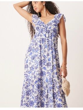 Blue Floral Ruffle-Sleeve Maxi Dress Mango